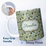 Personalized Custom Name Vintage Avocado Botanical Illustration Leaves Fruit Seamless 11oz Ceramic Coffee Tea Mug White Large Handle