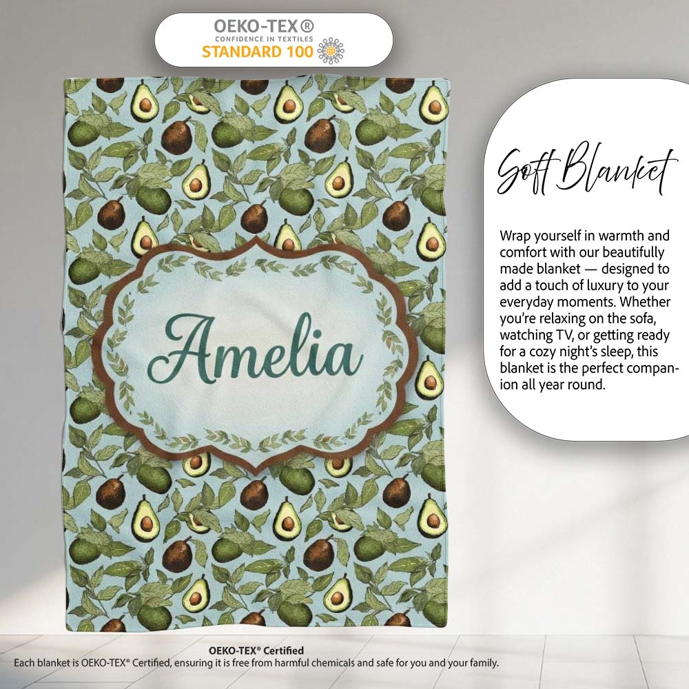Vintage Avocado Botanical Illustration Leaves Fruit Seamless  Personalised Custom Name Super Soft Fleece Blanket Bed Sofa Throw