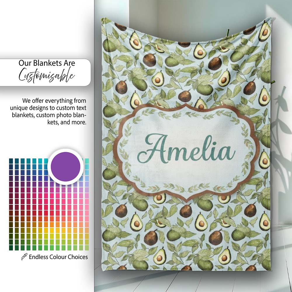 Vintage Avocado Botanical Illustration Leaves Fruit Seamless  Personalised Custom Name Super Soft Fleece Blanket Bed Sofa Throw