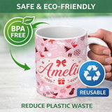 Personalized Custom Name Cute Christmas Snowman Reindeer Gift Seamless Pattern Lovely 11oz Ceramic Coffee Tea Mug White Large Handle