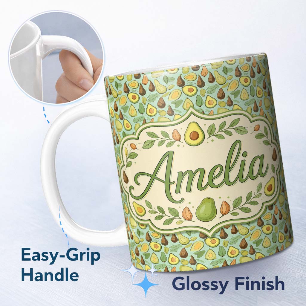 Personalized Custom Name Cute Avocado and Pear Doodle Style Pastel Seamless Pattern Name 11oz Ceramic Coffee Tea Mug White Large Handle