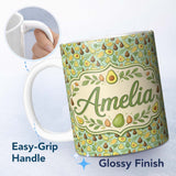 Personalized Custom Name Cute Avocado and Pear Doodle Style Pastel Seamless Pattern Name 11oz Ceramic Coffee Tea Mug White Large Handle