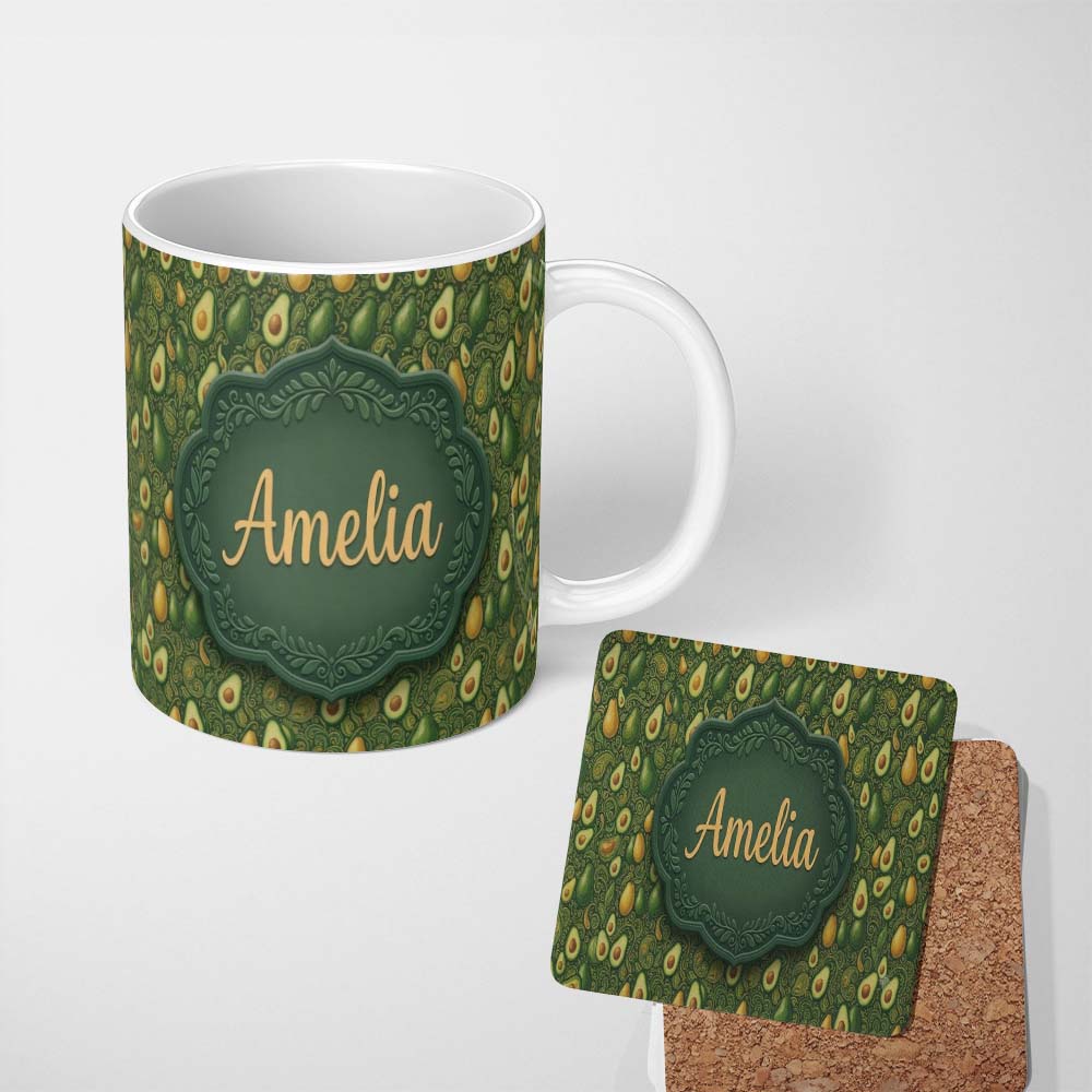 Personalized Custom Name Dark Green Avocado Botanical Leaves Elegant Seamless Pattern Name 11oz Ceramic Coffee Tea Mug White Large Handle