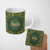Personalized Custom Name Dark Green Avocado Botanical Leaves Elegant Seamless Pattern Name 11oz Ceramic Coffee Tea Mug White Large Handle