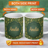 Personalized Custom Name Dark Green Avocado Botanical Leaves Elegant Seamless Pattern Name 11oz Ceramic Coffee Tea Mug White Large Handle