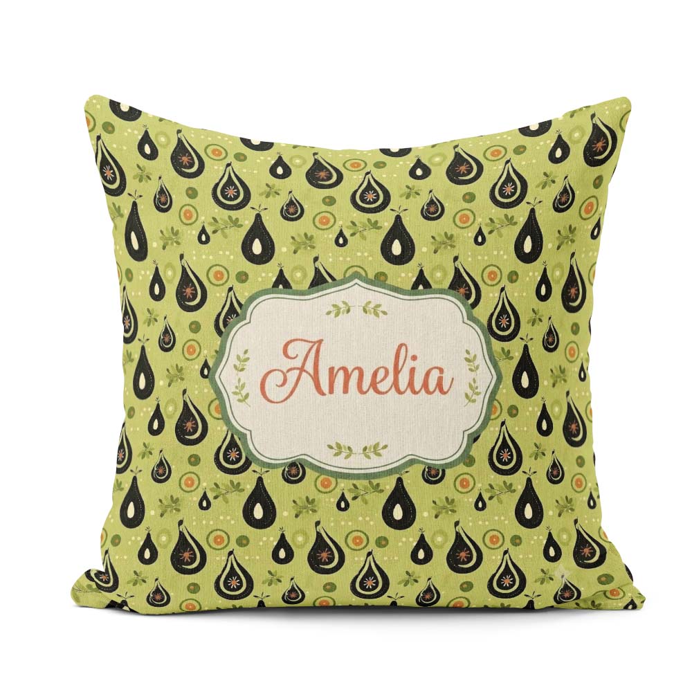 Custom Name Avocado Fruit Minimal Olive Green Seamless Name Cute Square Filled Cushion Throw Pillow Sofa Bed Home Decor Zip Washable UK Made