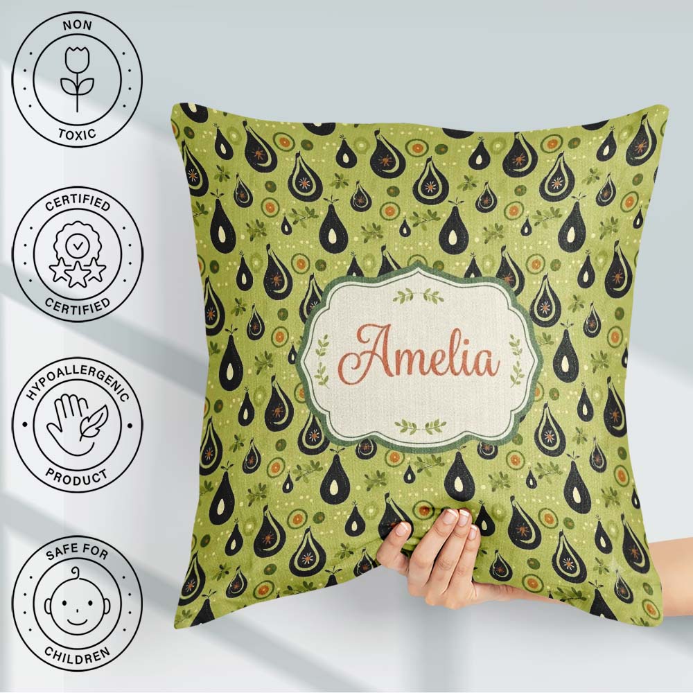 Custom Name Avocado Fruit Minimal Olive Green Seamless Name Cute Square Filled Cushion Throw Pillow Sofa Bed Home Decor Zip Washable UK Made