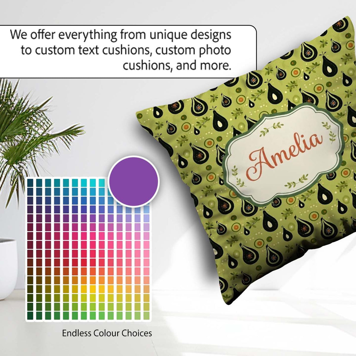 Custom Name Avocado Fruit Minimal Olive Green Seamless Name Cute Square Filled Cushion Throw Pillow Sofa Bed Home Decor Zip Washable UK Made