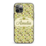 Mid Century Avocado and Leaves Abstract Seamless Custom Name Protective Phone Case Mobile Cover Durable Everyday Smartphone Shock Resistant