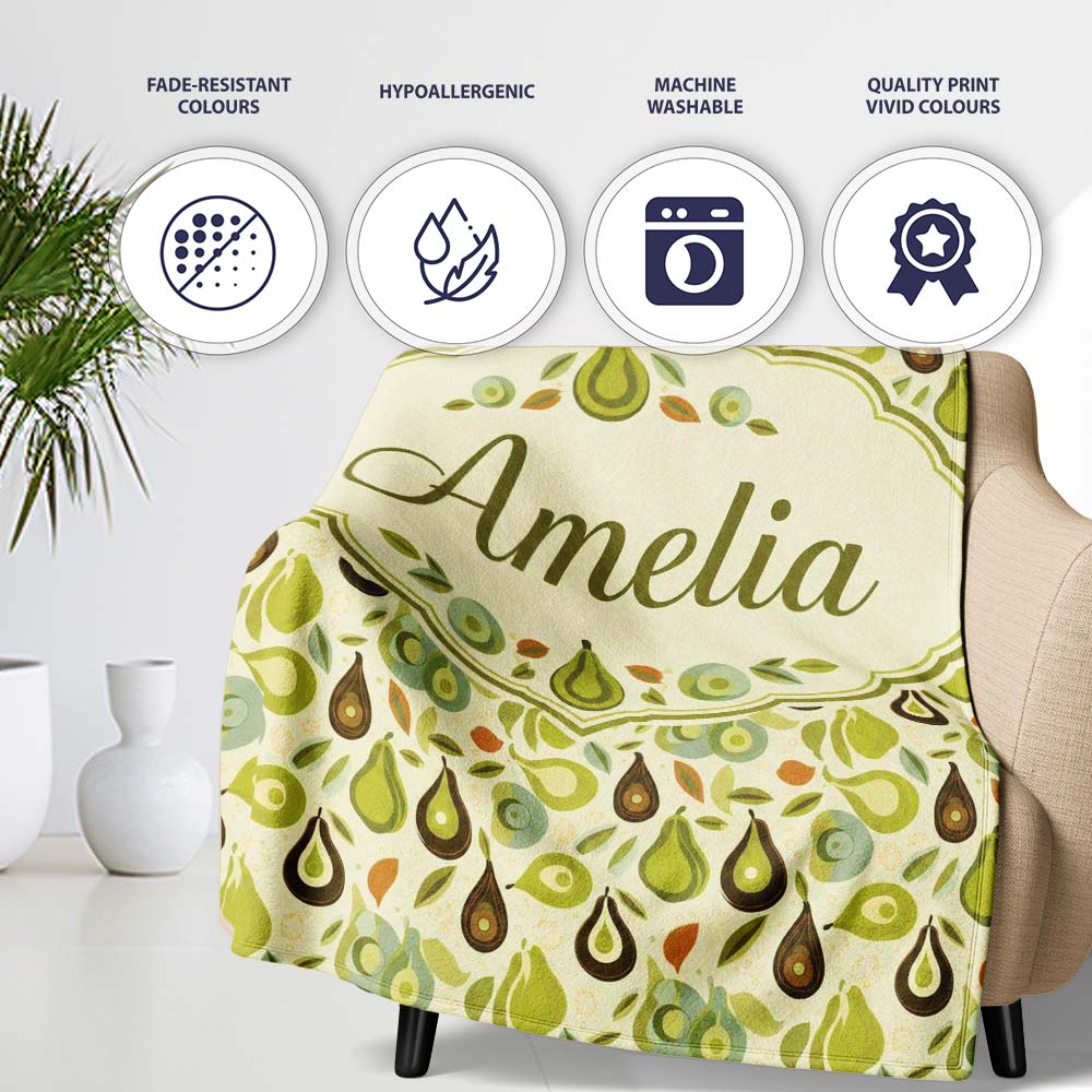 Mid Century Avocado and Leaves Abstract Seamless Pattern Name Cute  Personalised Custom Name Super Soft Fleece Blanket Bed Sofa Throw