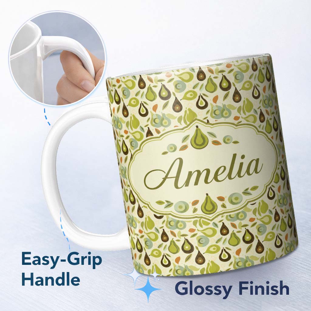 Personalized Custom Name Mid Century Avocado and Leaves Abstract Seamless Pattern Name Cute 11oz Ceramic Coffee Tea Mug White Large Handle