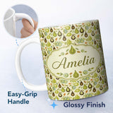 Personalized Custom Name Mid Century Avocado and Leaves Abstract Seamless Pattern Name Cute 11oz Ceramic Coffee Tea Mug White Large Handle