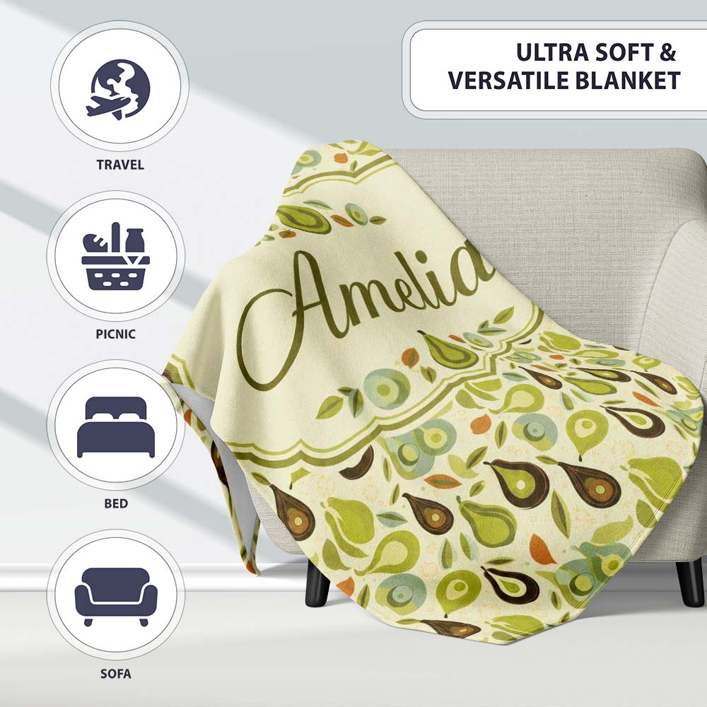 Mid Century Avocado and Leaves Abstract Seamless Pattern Name Cute  Personalised Custom Name Super Soft Fleece Blanket Bed Sofa Throw
