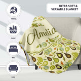 Mid Century Avocado and Leaves Abstract Seamless Pattern Name Cute  Personalised Custom Name Super Soft Fleece Blanket Bed Sofa Throw