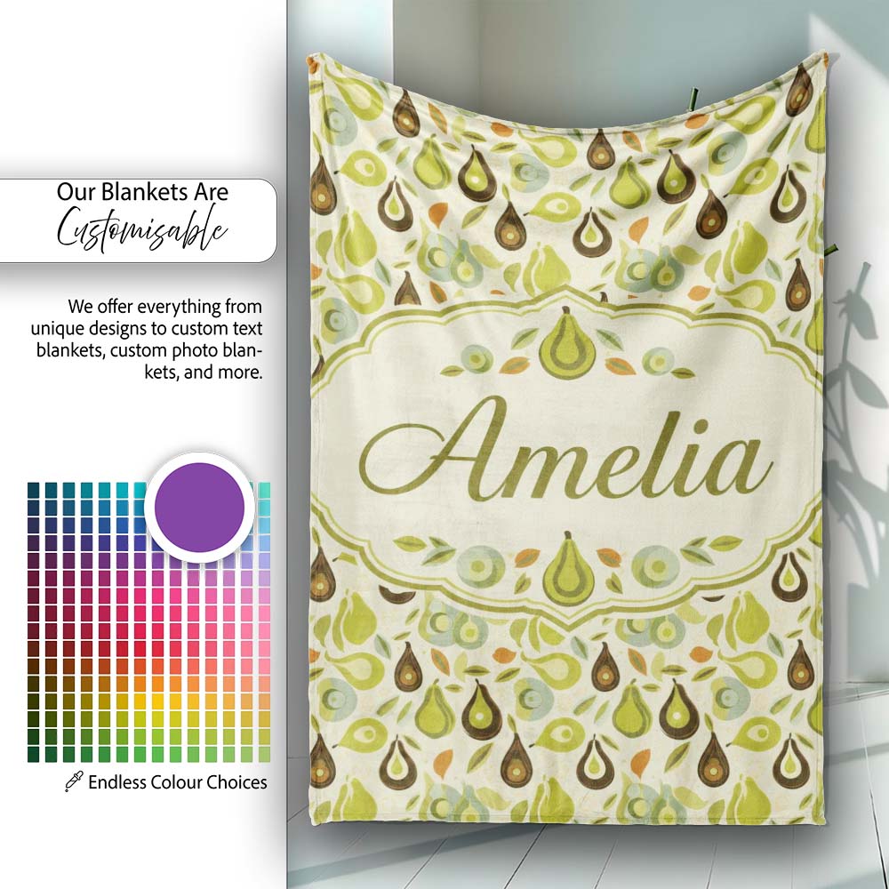 Mid Century Avocado and Leaves Abstract Seamless Pattern Name Cute  Personalised Custom Name Super Soft Fleece Blanket Bed Sofa Throw