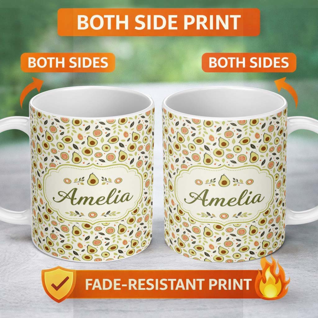 Personalized Custom Name Scandinavian Avocado Fruit Soft Neutral Seamless Pattern Name Cute 11oz Ceramic Coffee Tea Mug White Large Handle