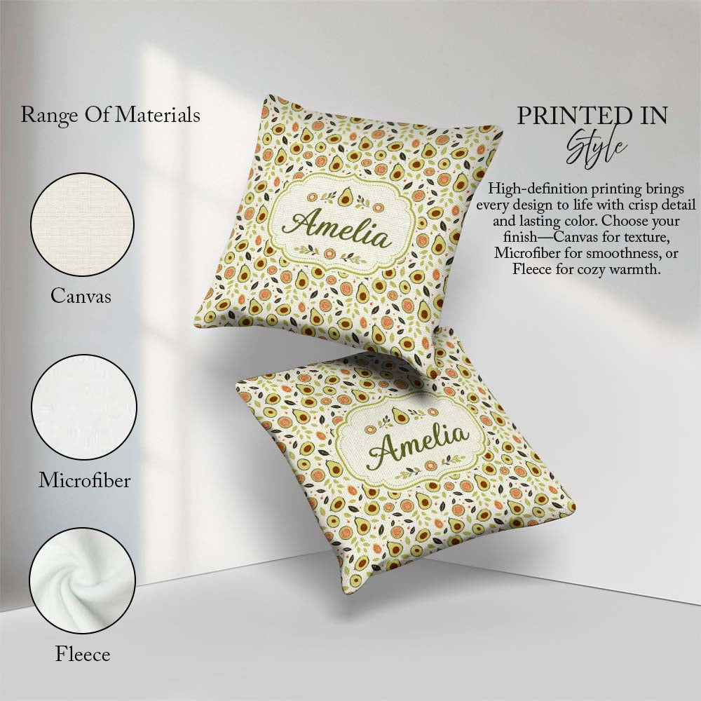 Custom Name Scandinavian Avocado Fruit Soft Neutral Pattern Name Square Filled Cushion Throw Pillow Sofa Bed Home Decor Zip Washable UK Made