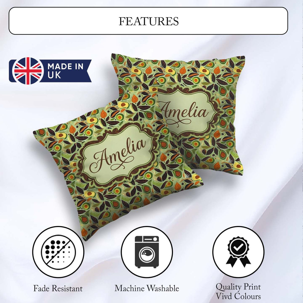 Custom Name Autumn Avocado Leaf Earth Tone Seamless Pattern Name Square Filled Cushion Throw Pillow Sofa Bed Home Decor Zip Washable UK Made
