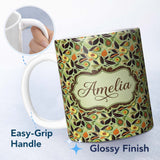Personalized Custom Name Autumn Avocado Leaf Earth Tone Modern Seamless Pattern Name Cute 11oz Ceramic Coffee Tea Mug White Large Handle