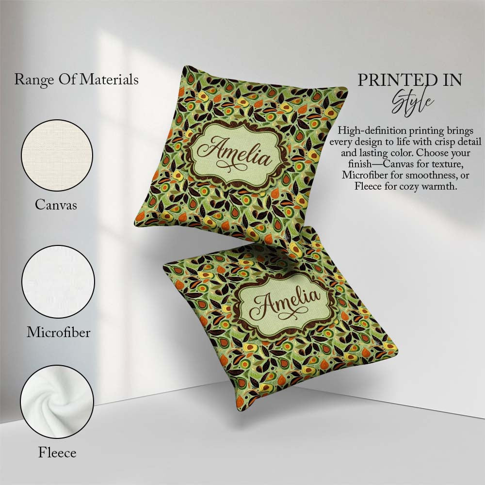 Custom Name Autumn Avocado Leaf Earth Tone Seamless Pattern Name Square Filled Cushion Throw Pillow Sofa Bed Home Decor Zip Washable UK Made