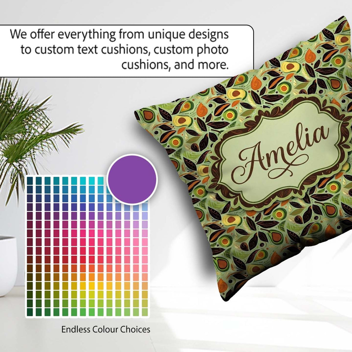 Custom Name Autumn Avocado Leaf Earth Tone Seamless Pattern Name Square Filled Cushion Throw Pillow Sofa Bed Home Decor Zip Washable UK Made