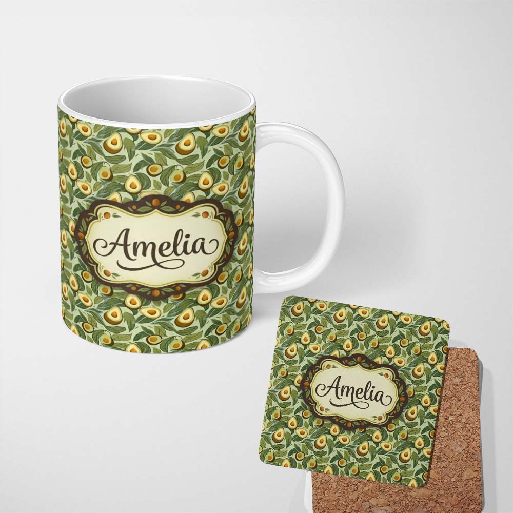 Personalized Custom Name Vintage Avocado Leaves Botanical Seamless Pattern Name Cute Unique 11oz Ceramic Coffee Tea Mug White Large Handle