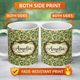 Personalized Custom Name Vintage Avocado Leaves Botanical Seamless Pattern Name Cute Unique 11oz Ceramic Coffee Tea Mug White Large Handle