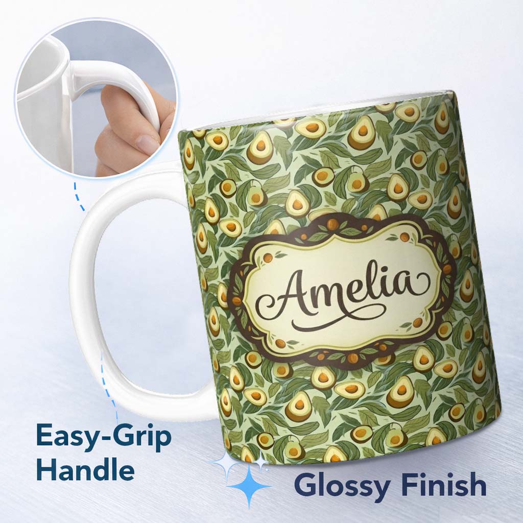 Personalized Custom Name Vintage Avocado Leaves Botanical Seamless Pattern Name Cute Unique 11oz Ceramic Coffee Tea Mug White Large Handle
