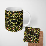 Personalized Custom Name Mid Century Pear and Avocado Geometric Seamless Pattern Name Cute 11oz Ceramic Coffee Tea Mug White Large Handle