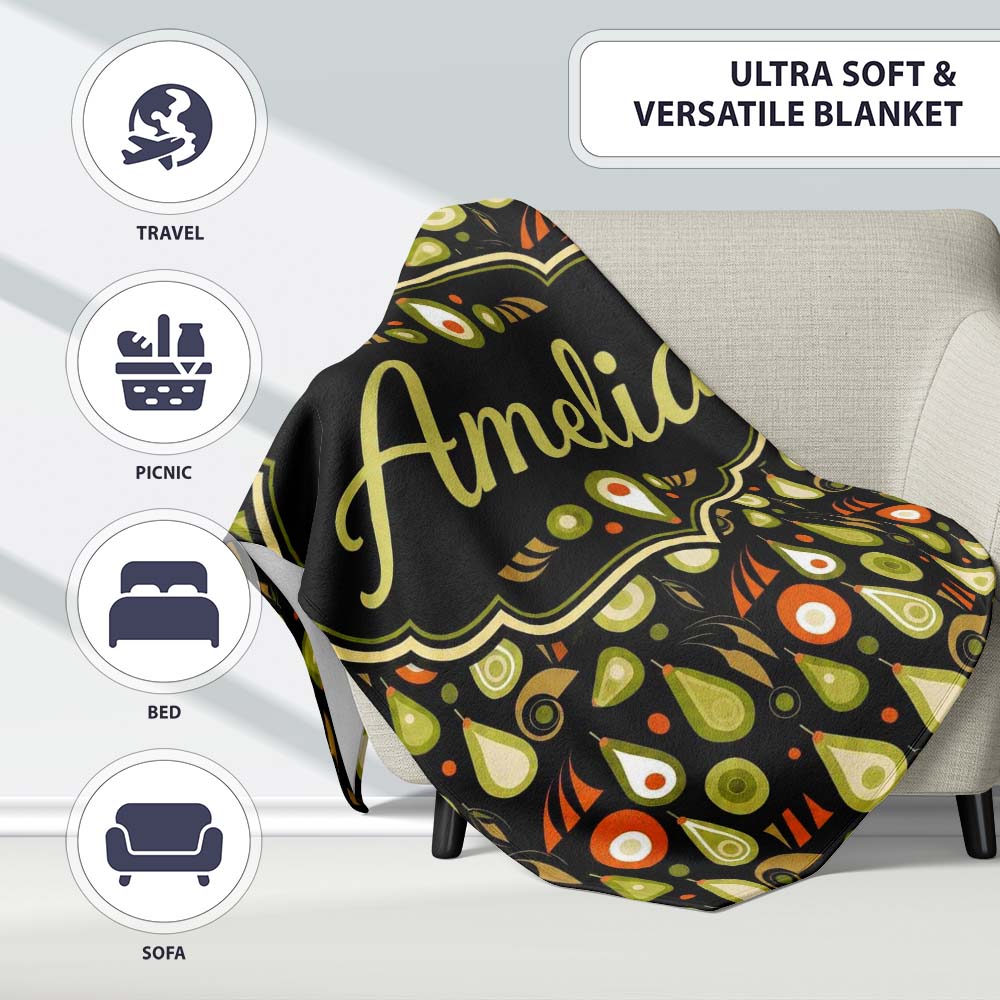 Mid Century Pear and Avocado Geometric Seamless Pattern Name Cute  Personalised Custom Name Super Soft Fleece Blanket Bed Sofa Throw