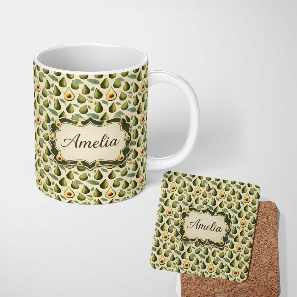 Personalized Custom Name Classic Avocado Vintage Illustration Seamless Pattern Name Cute 11oz Ceramic Coffee Tea Mug White Large Handle