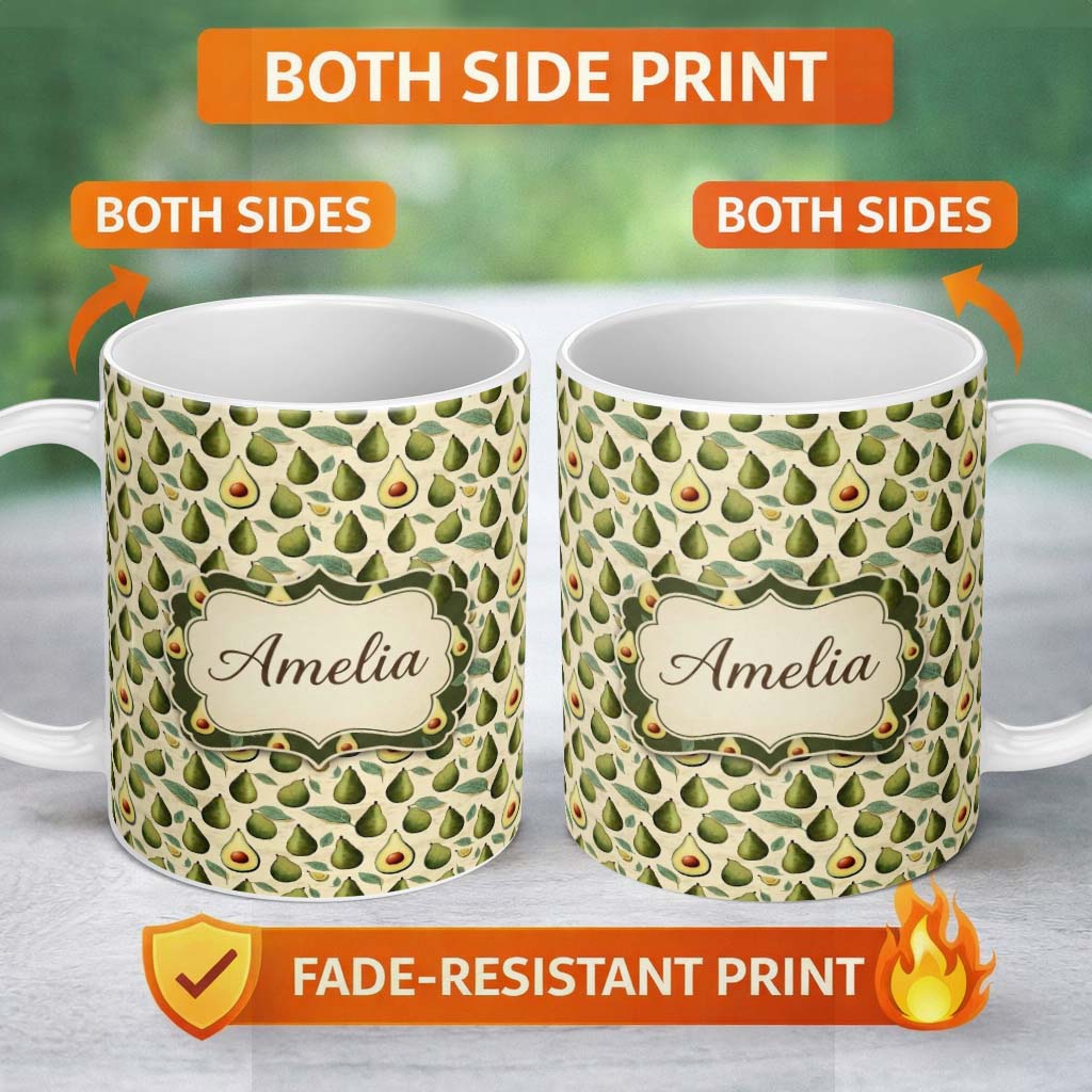 Personalized Custom Name Classic Avocado Vintage Illustration Seamless Pattern Name Cute 11oz Ceramic Coffee Tea Mug White Large Handle