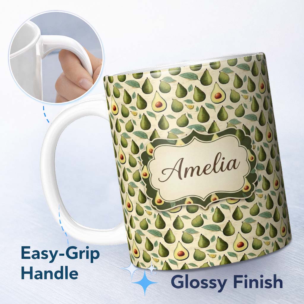 Personalized Custom Name Classic Avocado Vintage Illustration Seamless Pattern Name Cute 11oz Ceramic Coffee Tea Mug White Large Handle