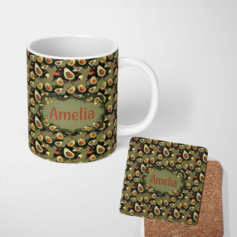 Personalized Custom Name Grunge Avocado Splash Artistic Seamless Pattern Name Cute Unique 11oz Ceramic Coffee Tea Mug White Large Handle