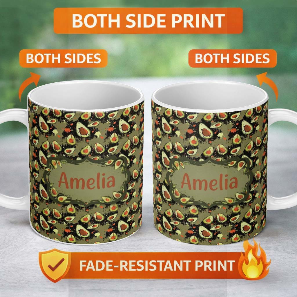 Personalized Custom Name Grunge Avocado Splash Artistic Seamless Pattern Name Cute Unique 11oz Ceramic Coffee Tea Mug White Large Handle