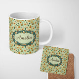 Personalized Custom Name Playful Avocado and Leaf Cute Style Seamless Pattern Name Unique 11oz Ceramic Coffee Tea Mug White Large Handle