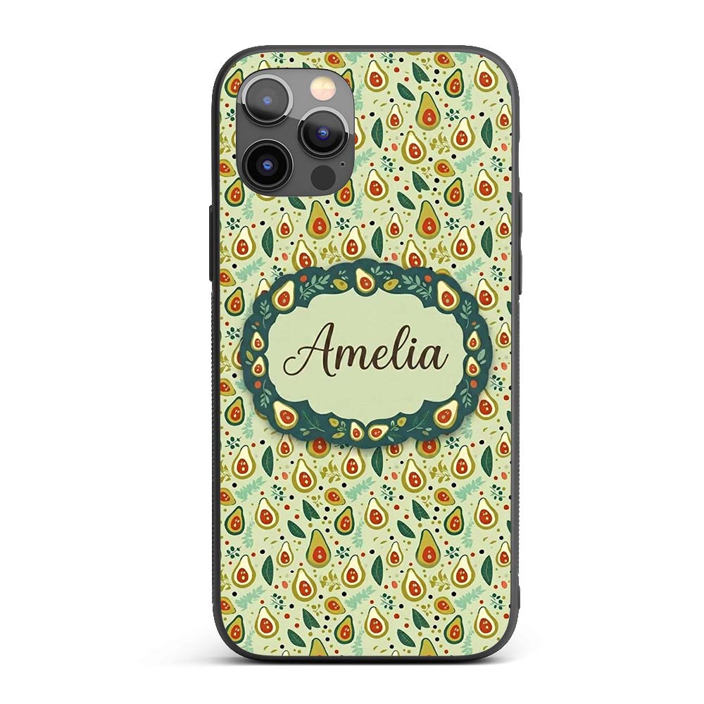 Playful Avocado and Leaf Cute Style Seamless Custom Name Protective Phone Case Mobile Cover Durable Everyday Smartphone Shock Resistant