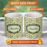Personalized Custom Name Playful Avocado and Leaf Cute Style Seamless Pattern Name Unique 11oz Ceramic Coffee Tea Mug White Large Handle