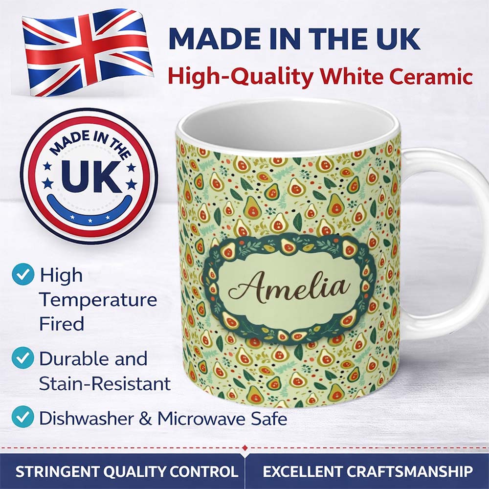 Personalized Custom Name Playful Avocado and Leaf Cute Style Seamless Pattern Name Unique 11oz Ceramic Coffee Tea Mug White Large Handle