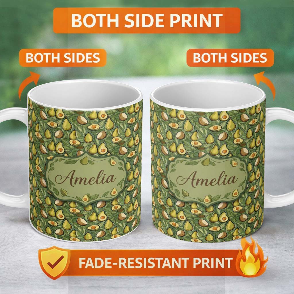 Personalized Custom Name Botanical Avocado Garden Seamless Pattern Name Cute Unique Gift 11oz Ceramic Coffee Tea Mug White Large Handle