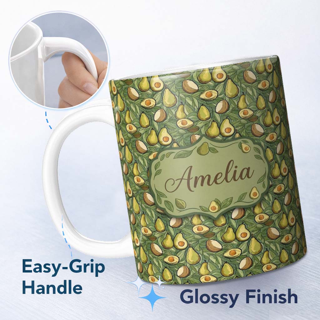 Personalized Custom Name Botanical Avocado Garden Seamless Pattern Name Cute Unique Gift 11oz Ceramic Coffee Tea Mug White Large Handle