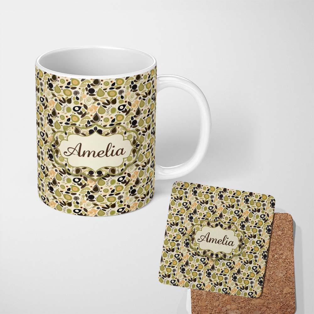 Personalized Custom Name Earthy Botanical Avocado Floral Seamless Pattern Name Cute Unique 11oz Ceramic Coffee Tea Mug White Large Handle