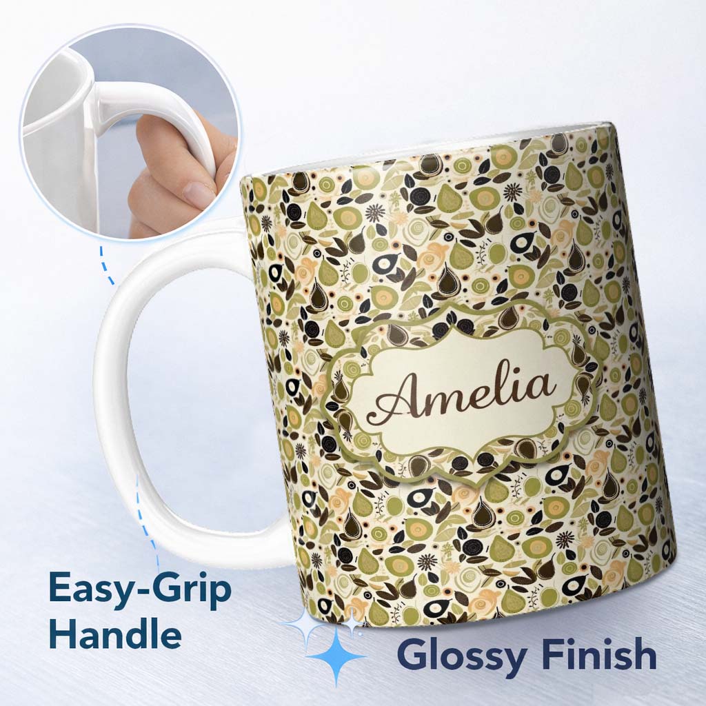 Personalized Custom Name Earthy Botanical Avocado Floral Seamless Pattern Name Cute Unique 11oz Ceramic Coffee Tea Mug White Large Handle