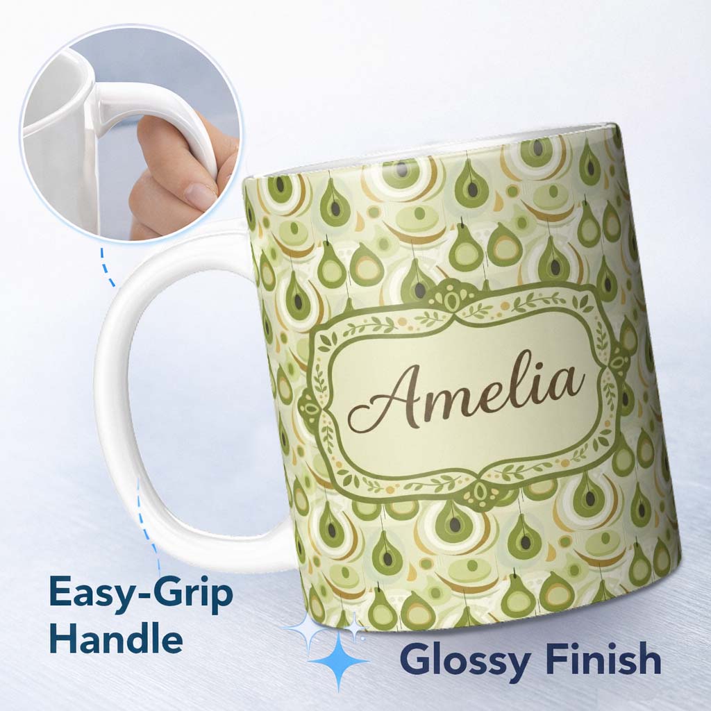 Personalized Custom Name Soft Green Avocado Shapes Seamless Pattern Name Cute Unique Gift 11oz Ceramic Coffee Tea Mug White Large Handle
