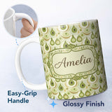 Personalized Custom Name Soft Green Avocado Shapes Seamless Pattern Name Cute Unique Gift 11oz Ceramic Coffee Tea Mug White Large Handle