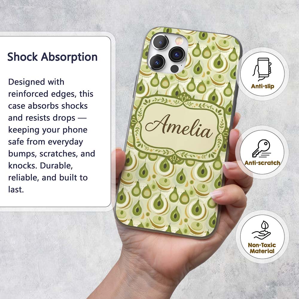 Soft Green Avocado Shapes Seamless Pattern Name Custom Name Protective Phone Case Mobile Cover Durable Everyday Smartphone Shock Resistant