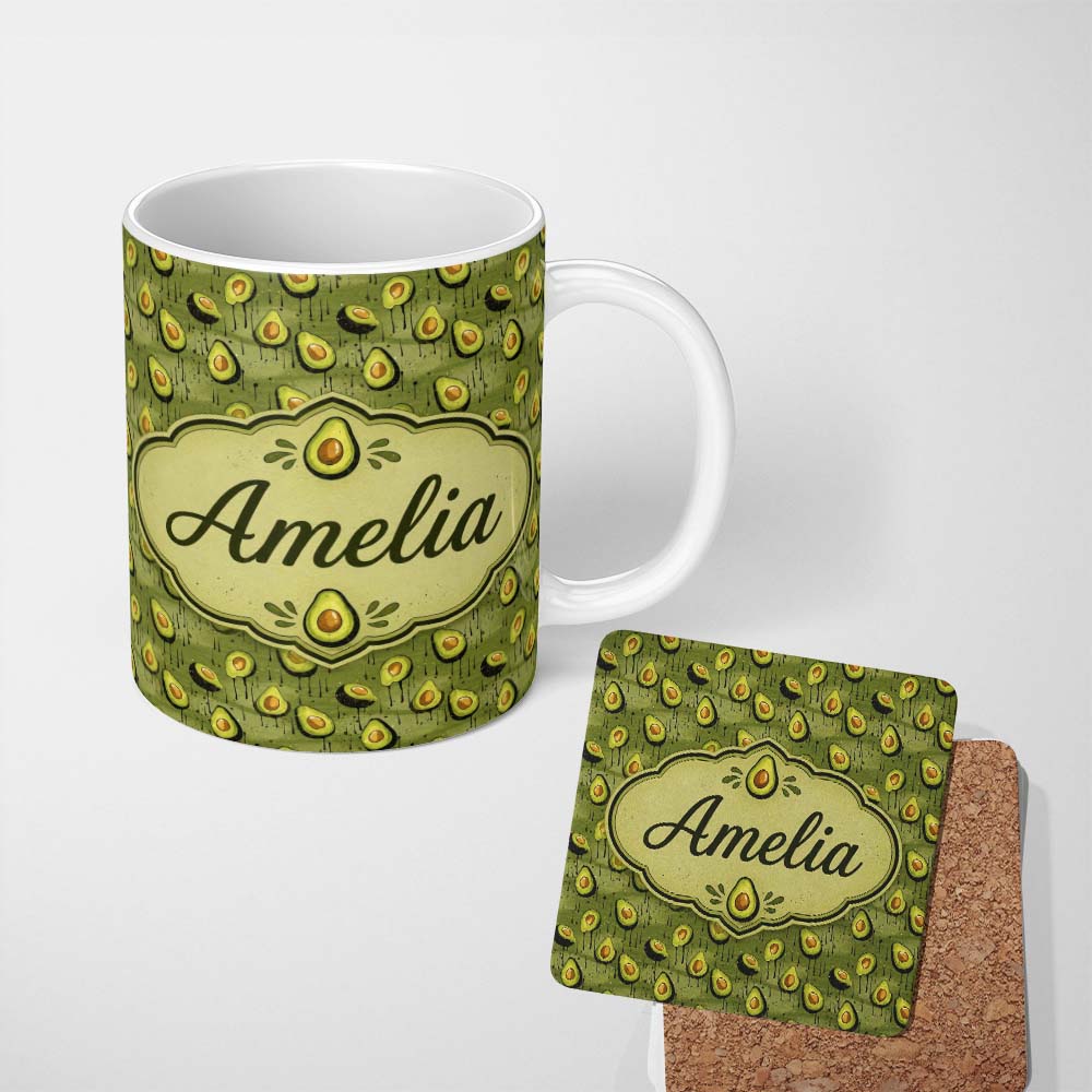 Personalized Custom Name Grunge Avocado Drip Artistic Seamless Pattern Custom Name Cute 11oz Ceramic Coffee Tea Mug White Large Handle