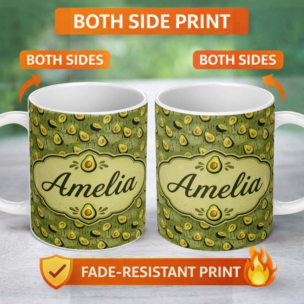 Personalized Custom Name Grunge Avocado Drip Artistic Seamless Pattern Custom Name Cute 11oz Ceramic Coffee Tea Mug White Large Handle