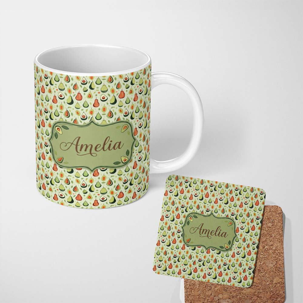 Personalized Custom Name Cute Pear and Avocado Minimal Seamless Pattern Name Unique Gift 11oz Ceramic Coffee Tea Mug White Large Handle