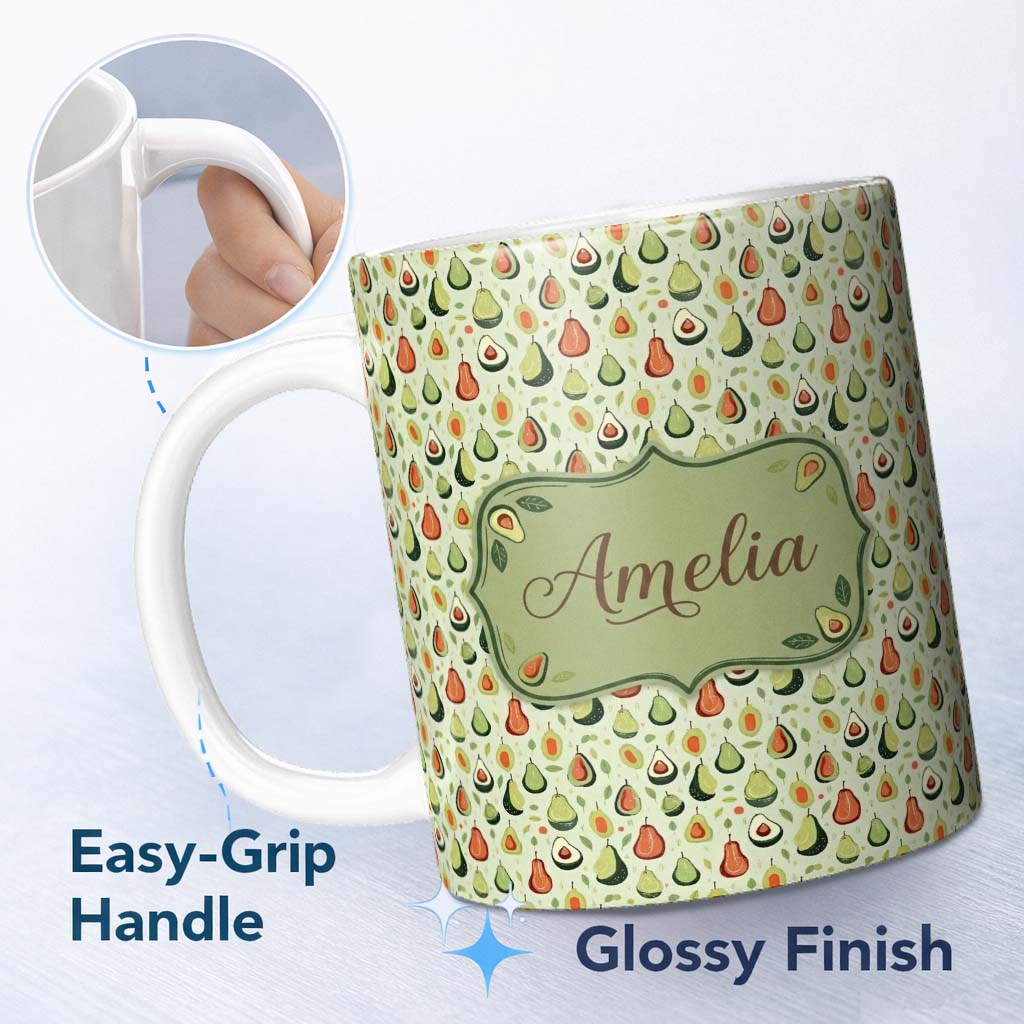 Personalized Custom Name Cute Pear and Avocado Minimal Seamless Pattern Name Unique Gift 11oz Ceramic Coffee Tea Mug White Large Handle